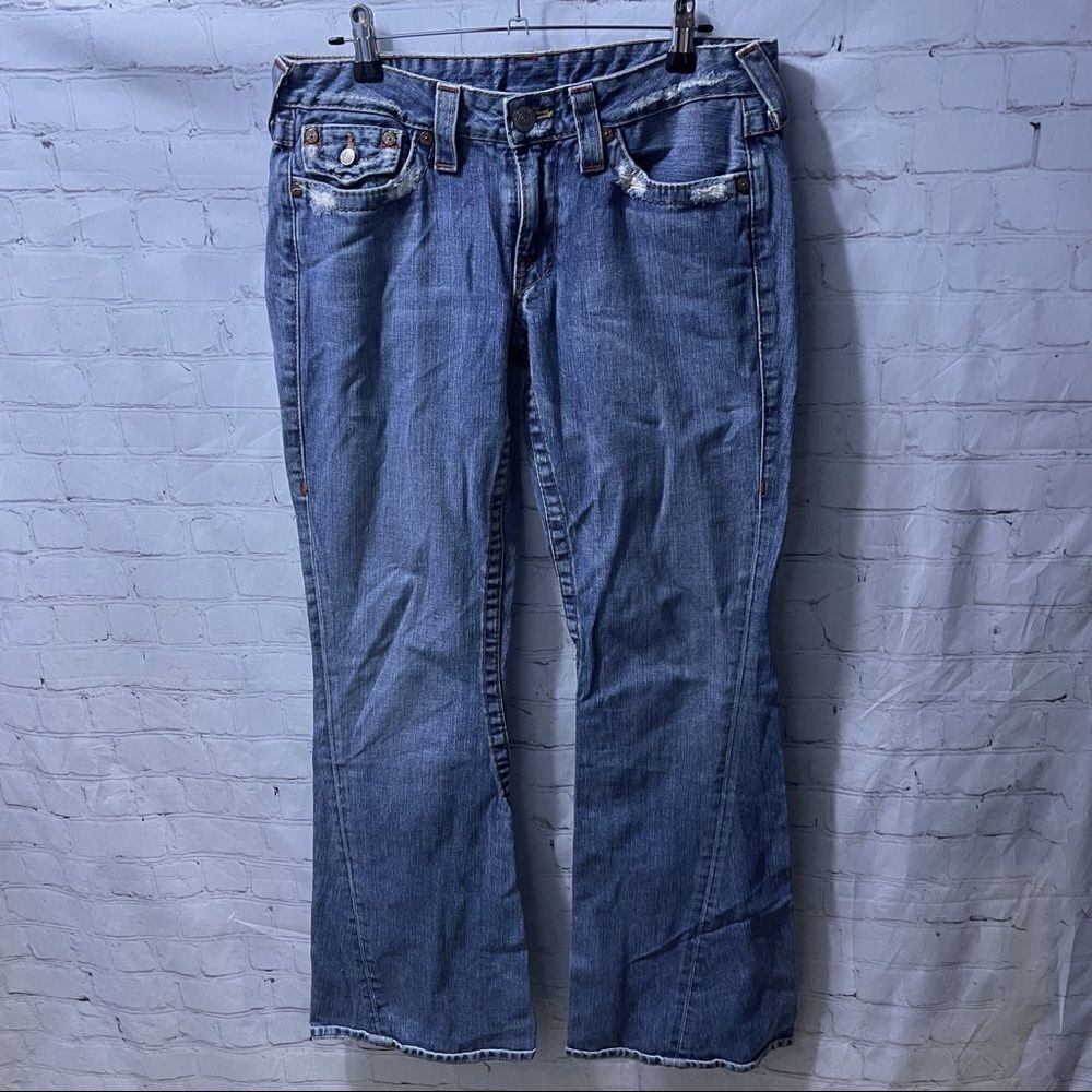 True Religion Distressed Blue Bootcut Jeans